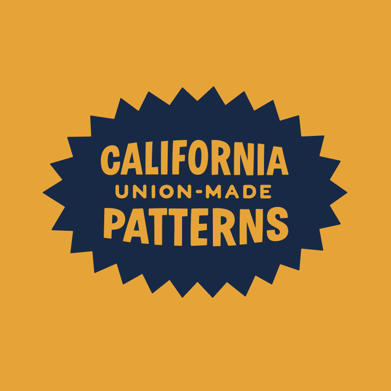 California Union-Made Patterns navy-color logo on mustard-yellow background